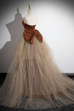 Simple Mermaid Brown Champagne Satin Tulle Long Prom Dress, Brown Long Evening Dress KPP1819