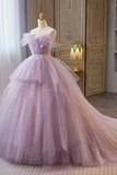 Lilac Strapless Tulle Long Prom Dresses with Pearls Belt, Lilac Off the Shoulder Formal Evening Dresses KPP1821