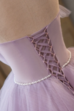 Lilac Strapless Tulle Long Prom Dresses with Pearls Belt, Lilac Off the Shoulder Formal Evening Dresses KPP1821