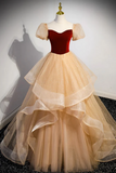 A Line Tulle Velvet Champagne Long Prom Dress, Champagne Long Formal Dress KPP1823