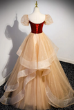 A Line Tulle Velvet Champagne Long Prom Dress, Champagne Long Formal Dress KPP1823