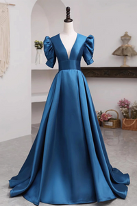 Short Sleeves Peacock Blue Long Prom Dresses, Peacock Blue Long Formal Evening Dresses KPP1824