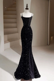 Black Mermaid Sequins Long Prom Dresses, Black Long Mermaid Formal Evening Dresses KPP1825