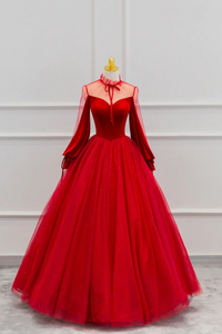Red Velvet and Tulle Floor Length Prom Dress, Long Sleeve Beautiful A Line Party Dress KPP1826