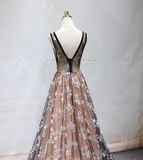 Champagne V Neckline Tulle Party Dress, A Line Bridesmaid Dress KPP1827