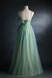 Green Straps Tulle Floor Length A Line Prom Dress, Tulle Scoop Party Dress Evening Dress KPP1829