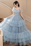 A Line Tulle Blue Long Prom Dress, Blue Tulle Long Evening Formal Dress KPP1830