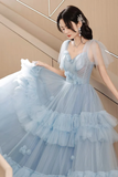 A Line Tulle Blue Long Prom Dress, Blue Tulle Long Evening Formal Dress KPP1830