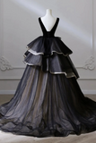 Black V Neck Puffy High Low Long Prom Dresses, Black V Neck High Low Formal Evening Dresses KPP1831