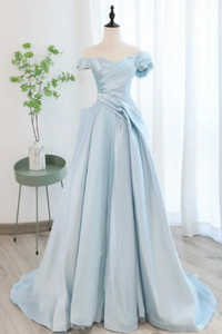 A Line Off Shoulder Satin Tulle Blue Long Prom Dress, Blue Long Formal Dress KPP1834