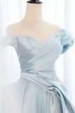 A Line Off Shoulder Satin Tulle Blue Long Prom Dress, Blue Long Formal Dress KPP1834