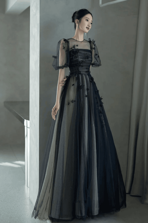 Black A Line Tulle with Lace Long Party Dress, Black Tulle Prom Dress KPP1835