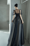Black A Line Tulle with Lace Long Party Dress, Black Tulle Prom Dress KPP1835