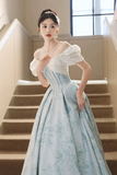 White and Blue Printed Floor Length Prom Dress, Lovely Short Sleeve Formal Evening Dress KPP1837