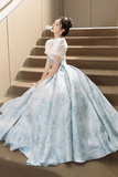 White and Blue Printed Floor Length Prom Dress, Lovely Short Sleeve Formal Evening Dress KPP1837