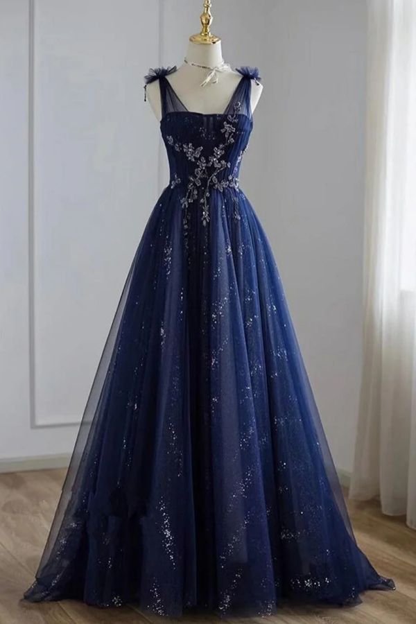 A Line Navy blue Tulle Beaded V Neckline Party Dress, Navy Blue Shiny kateprom A Line Navy blue Tulle Beaded V Neckline Party Dress, Navy Blue Shiny kateprom