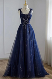 A Line Navy blue Tulle Beaded V Neckline Party Dress, Navy Blue Shiny Tulle Prom Dress KPP1838