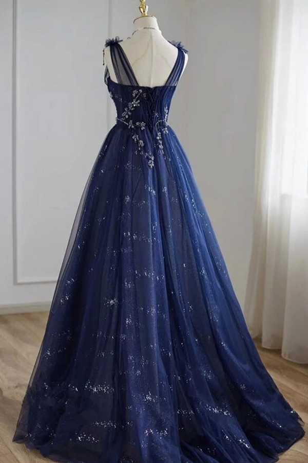 A Line Navy blue Tulle Beaded V Neckline Party Dress, Navy Blue Shiny kateprom A Line Navy blue Tulle Beaded V Neckline Party Dress, Navy Blue Shiny kateprom