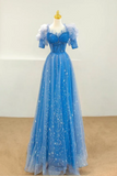A Line Blue Beaded Short Sleeves Prom Dress, Blue Stars Long Evening Dress KPP1839