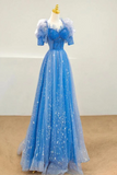A Line Blue Beaded Short Sleeves Prom Dress, Blue Stars Long Evening Dress KPP1839