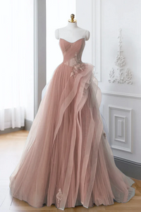 Pink A Line Off Shoulder Long Prom Dress, Pink Lace Long Evening Dress KPP1840