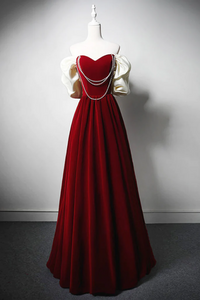 Burgundy A Line Off Shoulder Velvet Lace Long Prom Dress, Burgundy Long Formal Dress KPP1841