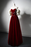 Burgundy A Line Off Shoulder Velvet Lace Long Prom Dress, Burgundy Long Formal Dress KPP1841
