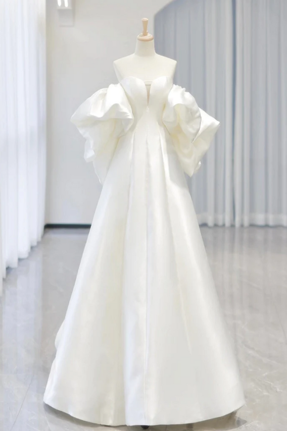 White A Line Satin Long Prom Dress, White Satin Long Formal Dress KPP1842