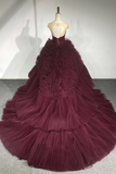 Burgundy Round Neck Tulle Burgundy Long Prom Gown, Burgundy Long Evening Dress KPP1843