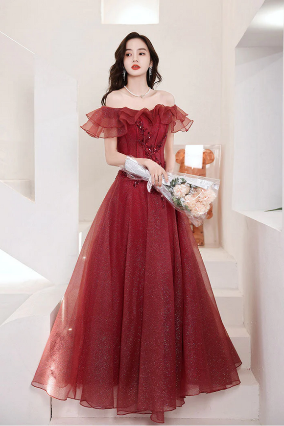 A Line Off Shoulder Tulle Sequin Lace Burgundy Long Prom Dress, Burgundy Long Formal Dress KPP1844