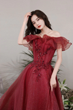 A Line Off Shoulder Tulle Sequin Lace Burgundy Long Prom Dress, Burgundy Long Formal Dress KPP1844