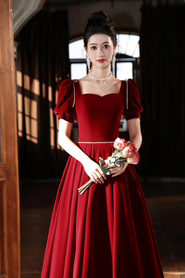 Burgundy Velvet Long A Line Prom Dress, A Line Short Sleeve Evening Pa –  kateprom
