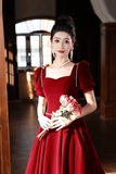 Burgundy Velvet Long A Line Prom Dress, A Line Short Sleeve Evening Party Dress KPP1845