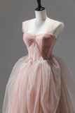 Pink Tulle Lace Long Formal Dress, A Line Off Shoulder Pink Prom Party Dress KPP1846