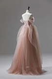Pink Tulle Lace Long Formal Dress, A Line Off Shoulder Pink Prom Party Dress KPP1846