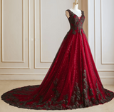 Black and Red V neckline Tulle Long Formal Dress, Black and Red Party Dress KPP1847