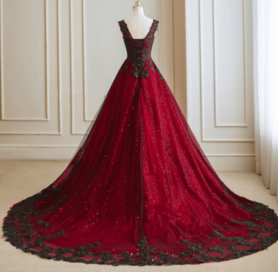 Black and Red V neckline Tulle Long Formal Dress, Black and Red Party kateprom Black and Red V neckline Tulle Long Formal Dress, Black and Red Party kateprom
