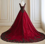Black and Red V neckline Tulle Long Formal Dress, Black and Red Party Dress KPP1847