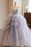 Blue Tulle Long Prom Gown, Blue Tulle Long Sweet 16 Dress KPP1848