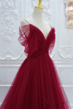 Wine Red Tulle V Neckline Long Party Dress, Wine Red Tulle Prom Dress KPP1849