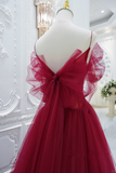 Wine Red Tulle V Neckline Long Party Dress, Wine Red Tulle Prom Dress KPP1849