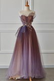 A line Purple Gradient Tulle Beaded Long Party Dress, Purple Tulle Prom Dress KPP1850