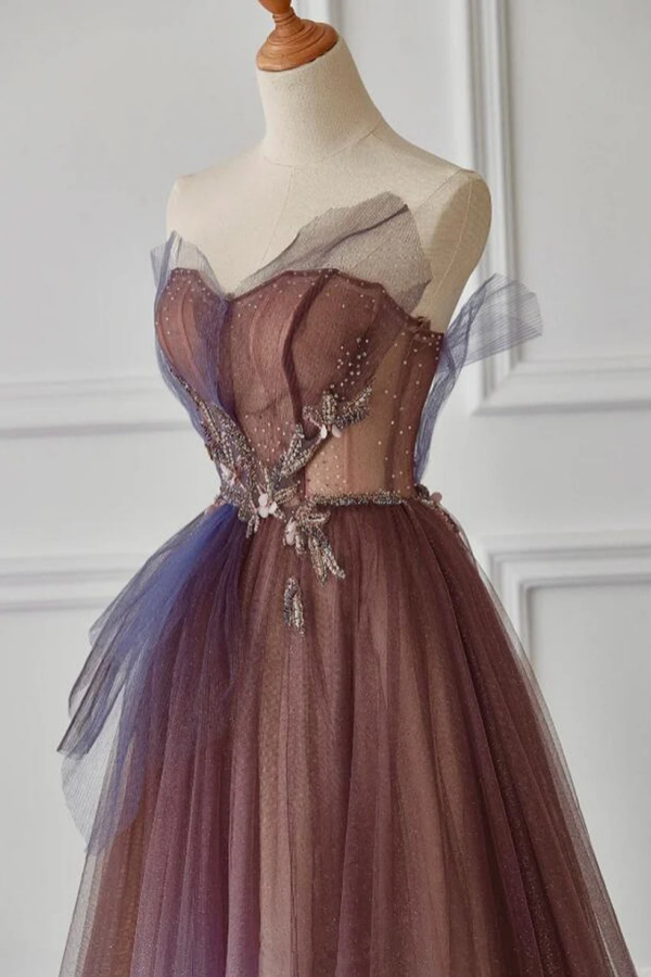 A line Purple Gradient Tulle Beaded Long Party Dress, Purple Tulle Pro –  kateprom