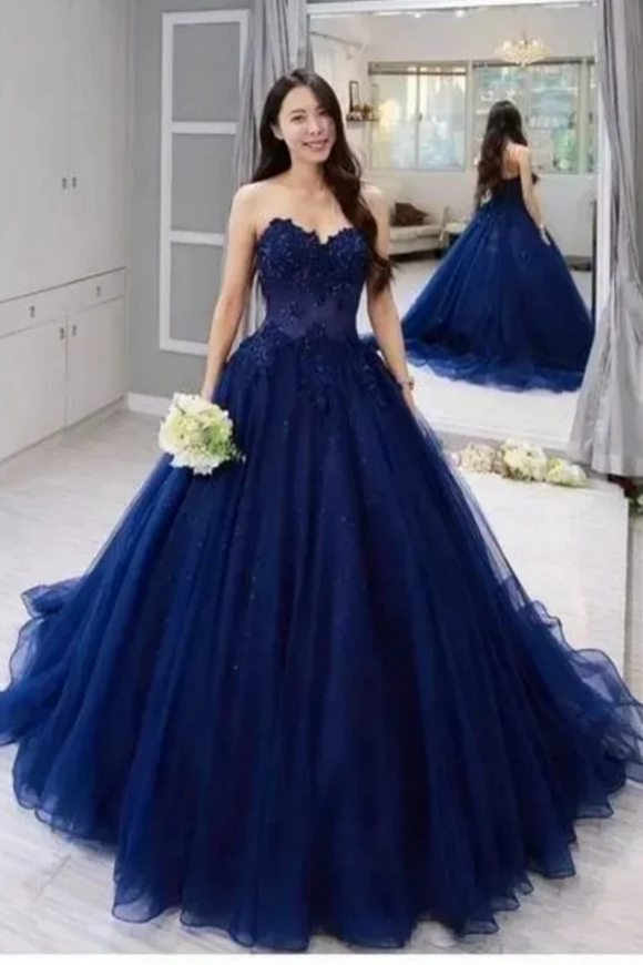Navy Blue Tulle Ball Gown Prom Dress, Navy Blue Sweet 16 Dress KPP1851