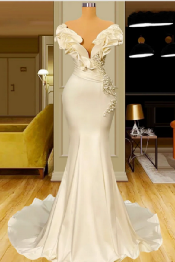 Arabic Dubai Simple Pearls Long Mermaid Party Dress Custom Made Satin Women Formal Long Evening Dresses KPP1853