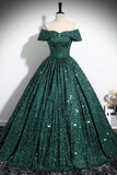Green Sequins Off Shoulder Ball Gown Prom Dress, Dark Green Sweet 16 Dress KPP1854