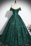Green Sequins Off Shoulder Ball Gown Prom Dress, Dark Green Sweet 16 Dress KPP1854