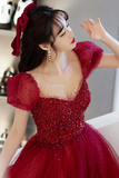 Burgundy Tulle Sequins Long Prom Dress, A Line Scoop Neckline Evening Party Dress KPP1855