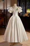 Satin Tea Length Prom Dress with Lace, White A Line Evening Party Dress KPP1856