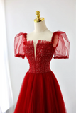Dark Red Tulle Floor Length Formal Dress, Beautiful A Line Short Sleeve Evening Dress with Beaded KPP1857